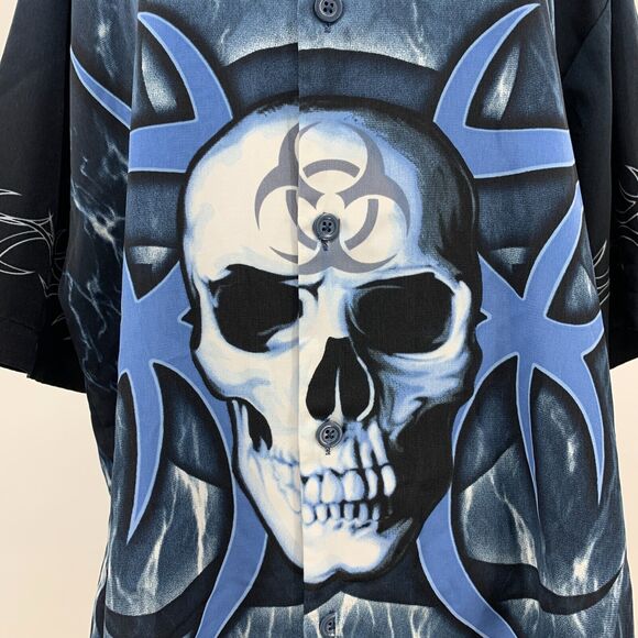 Sapphire Lounge Tribal Skull Shirt Mens L Large Blue Short Sleeve Button Up - Picture 4 of 10